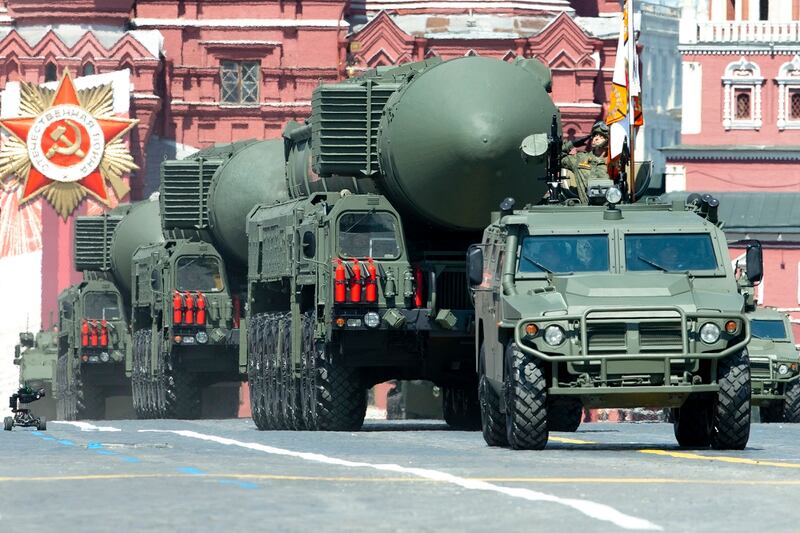 Russian RS-24 Yars ballistic missiles roll in Red Square during the Victory Day military parade marking the 75th anniversary of the Nazi defeat in Moscow on June 24, 2020. (Alexander Zemlianichenko/AP)