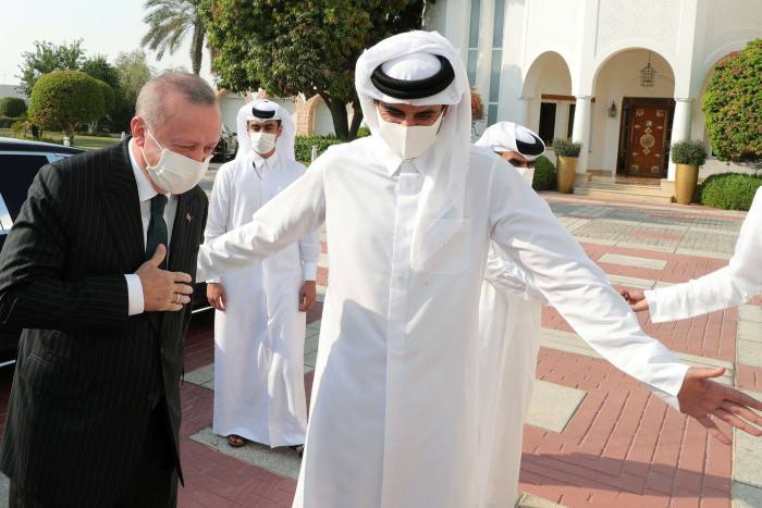Turkey’s president Recep Tayyip Erdogan arrives in Doha to meet Qatar’s emir Sheikh Tamim bin Hamad al-Thani 