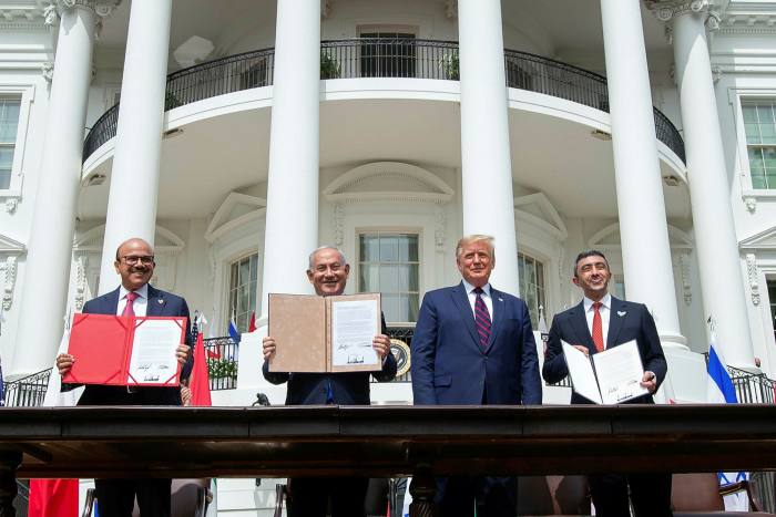 Abdullatif al-Zayani, Bahrain foreign minister; Benjamin Netanyahu, Israeli prime minister; Donald Trump, US president; and Abdullah bin Zayed al-Nahyan, UAE foreign minister