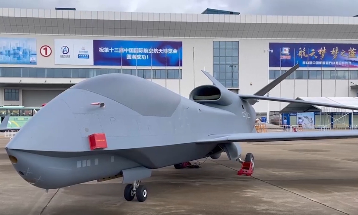 The Chinese People's Liberation Army Air Force displays for the first time the WZ-7 high-altitude reconnaissance drone at the Airshow China 2021 in Zhuhai, South China's Guangdong Province, from September 28 to October 3. Photo: Screenshot from China Central Television. The Chinese People's Liberation Army Air Force displays for the first time the WZ-7 high-altitude reconnaissance drone at the Airshow China 2021 in Zhuhai, South China's Guangdong Province, from September 28 to October 3. Photo: Screenshot from China Central Television.