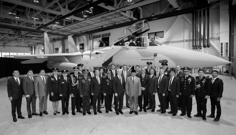 Indonesian Minister of Defense Lieutenant General Prabowo Subianto during a tour of the Boeing F-15EX production line at Boeing's facility in St. Louis, Missouri, on 21 August 2023.'s facility in St. Louis, Missouri, on 21 August 2023.