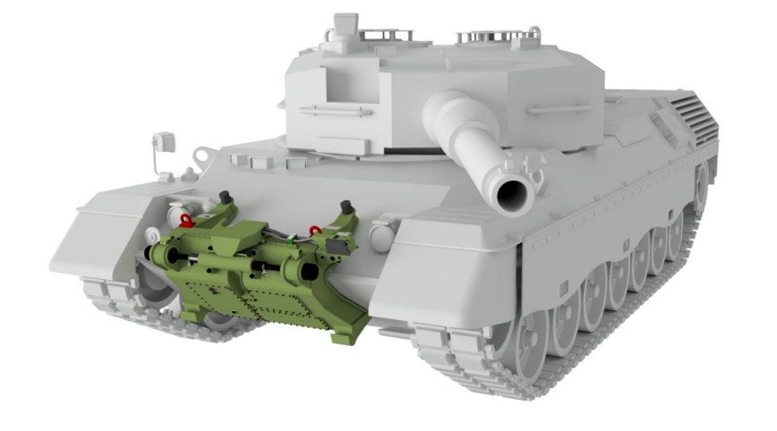 The Pearson Engineering SLICE can be installed on the front of an MBT such as the Leopard 2, without any effect on the mobility of the platform or the vision area of the driver. (Pearson Engineering )