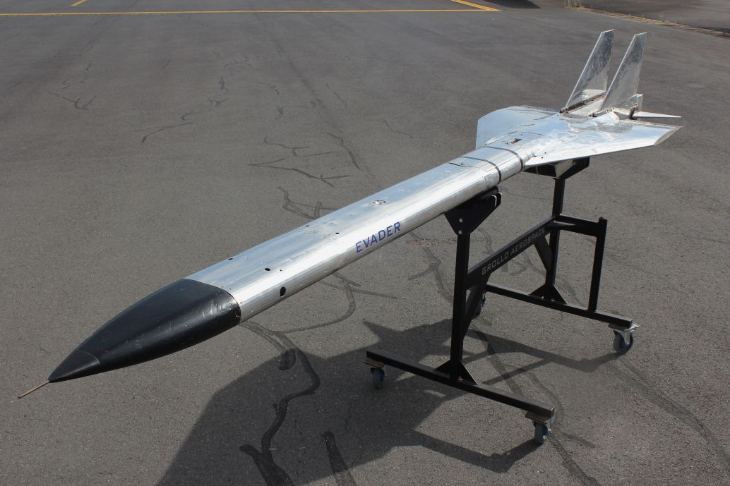 The Evader air-launched aerial target system is designed to replicate the flight profile and manoeuvring characteristics of a range of hostile missile and aircraft systems. Note the repositioned air intake underneath the missile. (Grollo Aerospace)