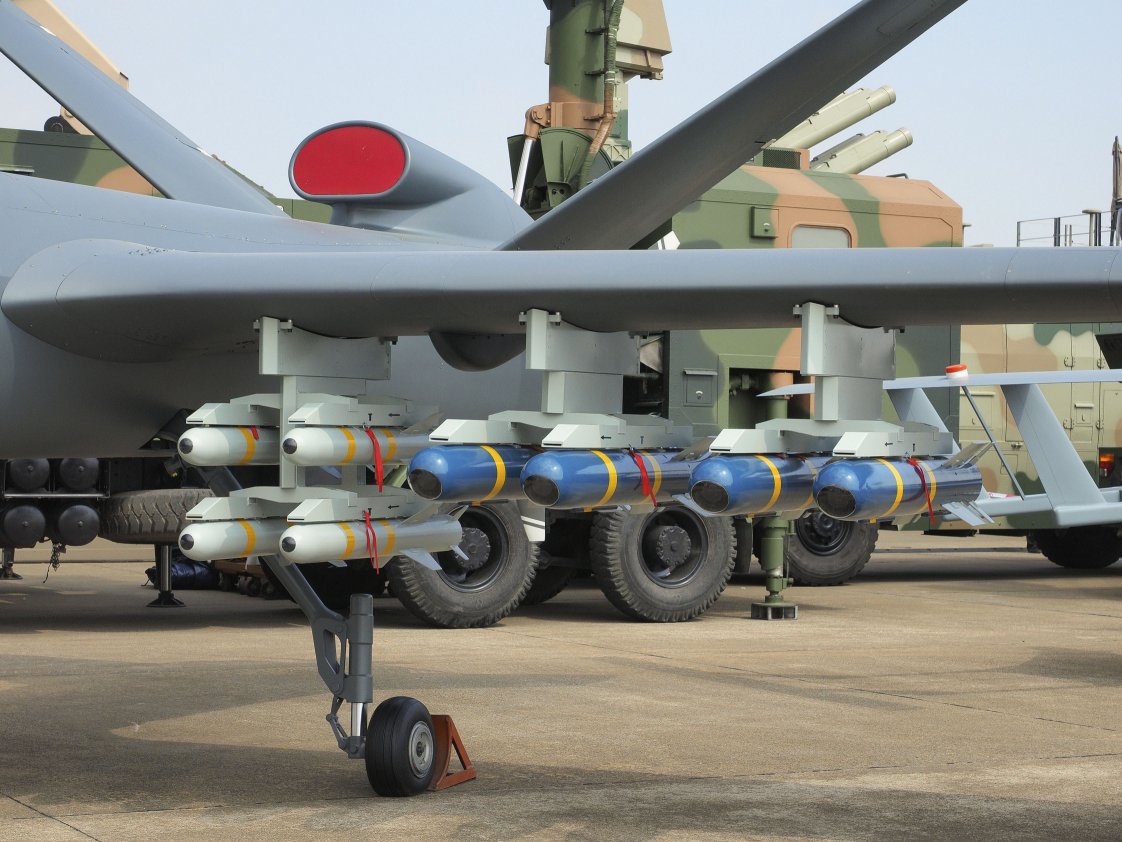 A CH-5 UAV at Airshow China 2016, fitted with four AR-1 (blue) and four AR-2 (white) missiles. The Indonesian Air Force test-fired the AR-1 missiles from its CH-4 UAVs in 2019, and recently took delivery of an initial batch of of AR-2s. (Janes/Kelvin Wong)