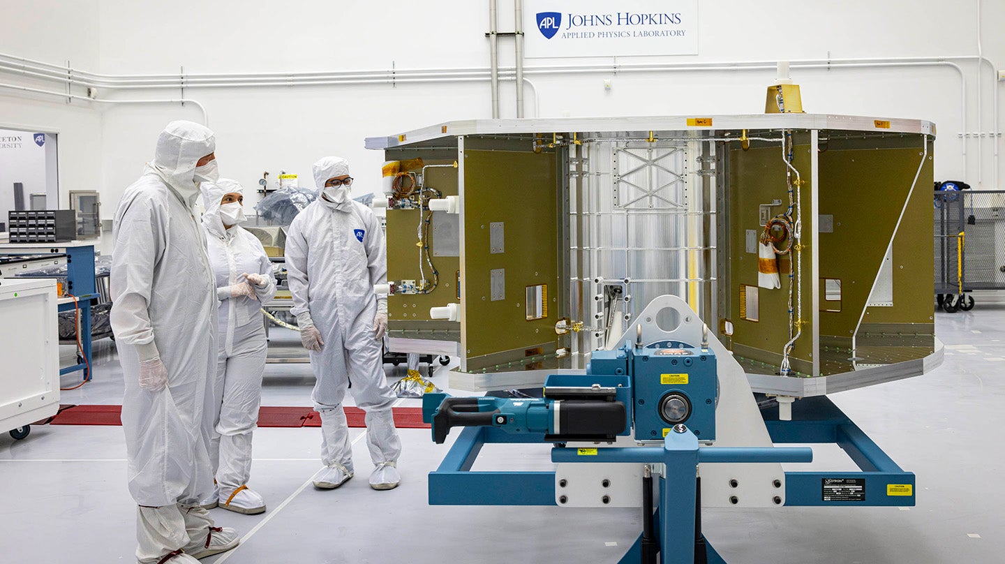 NASA’s IMAP in the Johns Hopkins Applied Physics Laboratory’s clean room, where the spacecraft will undergo testing and building over the next year Image Credit: Johns Hopkins APL