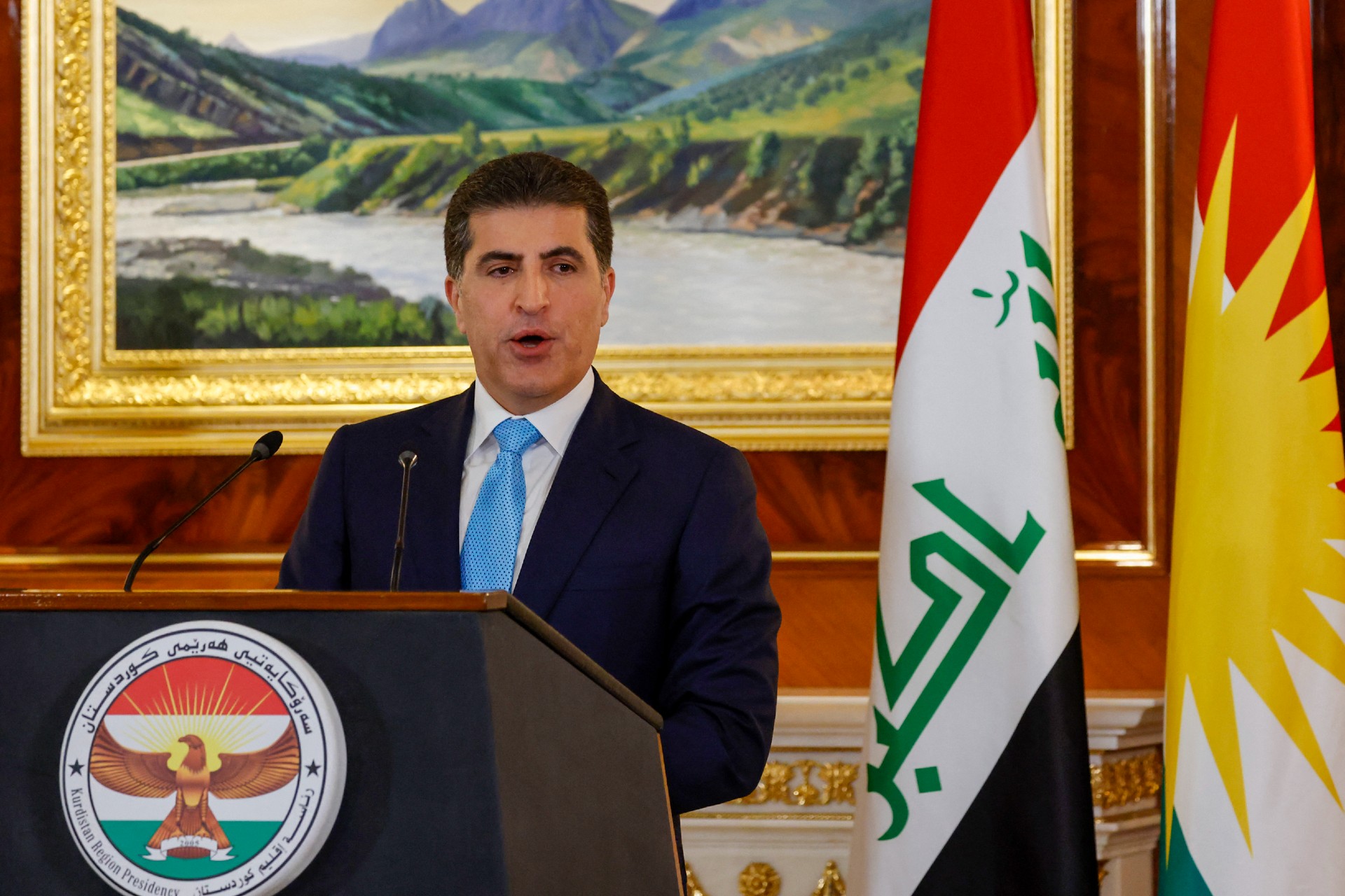 Nechirvan Barzani, president of Iraq's autonomous Kurdistan Region, gives a press conference at the presidential palace in Erbil (AFP)