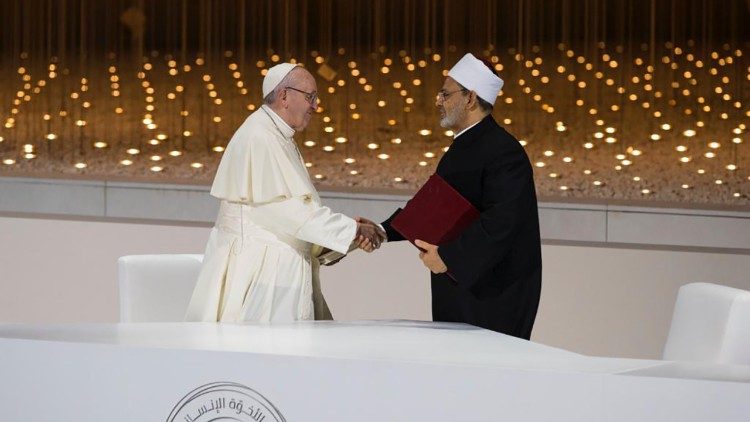 Pope Francis and the Grand Imam Ahmed el-Tayeb of al-Azhar after signing the Document on Human Fraternity in Abu Dhabi on Feb. 4, 2019 Pope Francis and the Grand Imam Ahmed el-Tayeb of al-Azhar after signing the Document on Human Fraternity in Abu Dhabi on Feb. 4, 2019